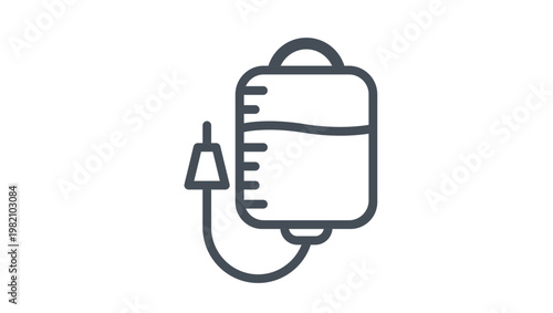 Black outline vector icon of an IV drip bag with a tube and needle, representing medical treatment, intravenous therapy, saline infusion, blood donation, and hospital healthcare services.