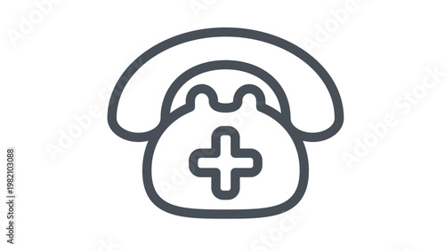 Emergency medical telephone vector icon illustration. Minimalist line art symbol of a healthcare hotline phone with a cross for first aid, hospital contact, and urgent medical assistance.