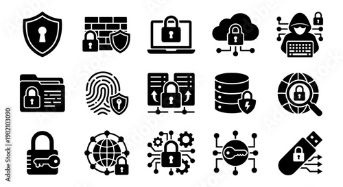 Cyber security icons set, 15 black solid vector elements for data protection and network safety, digital privacy and information security symbols