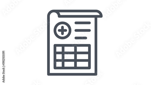 Medical report vector icon featuring a document with a health cross symbol and a data table, minimalist black line illustration for healthcare, patient record, and clinical documentation.