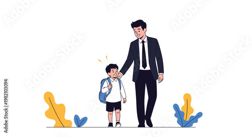 Caring father in a business suit walks his young son to school, with the boy wearing a backpack and school uniform.