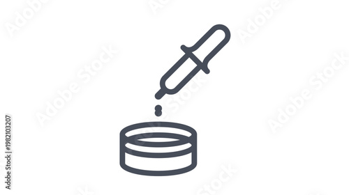 Minimalist black vector icon illustration of a medical dropper pipette dripping liquid into a small petri dish or laboratory container, symbol for scientific research, health, and medicine.