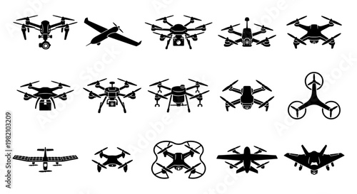 Modern drone silhouette collection, 15 unmanned aerial vehicle icons, black quadcopter and fixed-wing aircraft vector set for technology and logistics
