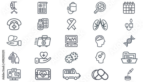 Medical and Healthcare Vector Icon Set, 25 Black Minimalist Line Art Symbols including Medicine, DNA, Lungs, Ambulance, First Aid, Telemedicine, Brain, Heart Rate, and Diagnostic Tools Collection.
