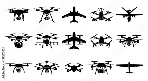 Unmanned aerial vehicle silhouettes, 15 drone and aircraft vector icons, black quadcopter and airplane symbols for logistics and surveillance