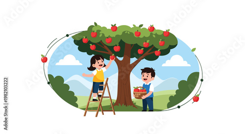 Happy boy and girl enjoy picking fresh red apples from a large green tree in a beautiful rural landscape with mountains.