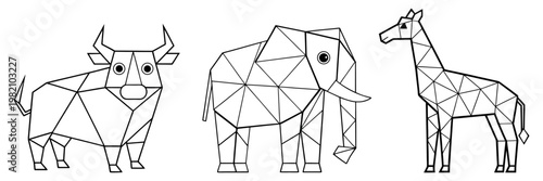Set of  a bull, an elephant, and a giraffe in a sophisticated geometric line-art style inspired by paper-folding origami. The minimalist polygonal composition offers a modern, clean look.