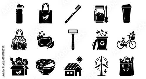 Zero waste lifestyle icons set, sustainable living and eco friendly symbols, 15 black vector elements for green environment and recycling