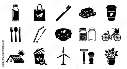 Zero waste lifestyle icon set, 15 eco friendly vector elements, sustainable living symbols for green environment and plastic free concept
