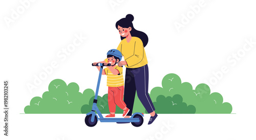 Loving mother teaches her young son how to ride a blue kick scooter while he wears a safety helmet in a green park.