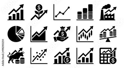 Financial growth icons set, 15 black business chart symbols, economic progress and stock market data visualization vector elements for reports
