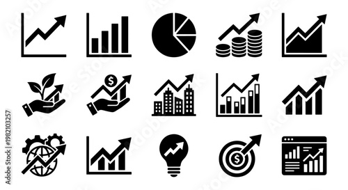 Business growth icons set, 15 financial data charts and arrow symbols, black vector graphics for corporate marketing and economic success reports