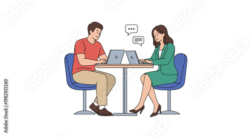 Professional man and woman work on their laptops while sitting at a small cafe table and having a productive conversation.
