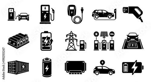 Electric vehicle charging station icons, 15 black vector elements for EV infrastructure, sustainable energy car battery and power supply set