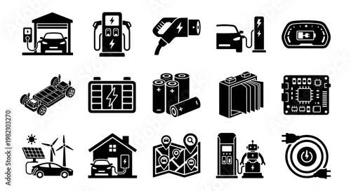 Electric vehicle charging icons set, 15 black vector symbols for EV technology, sustainable transport and battery power infrastructure elements