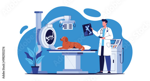Professional veterinarian in a white coat examines a dog on a medical table and reviews an X-ray in a modern clinic.