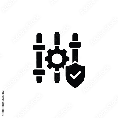 A black silhouette icon depicts settings adjustments with bolts a gear a shield and a checkmark high quality professional detailed