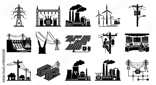 Industrial power energy icons set, 15 vector illustrations of electricity generation and distribution, renewable solar and wind power station symbols