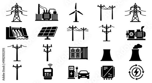 Industrial energy and power grid icons set, 20 black vector symbols of renewable electricity and utility infrastructure, sustainable power generation elements