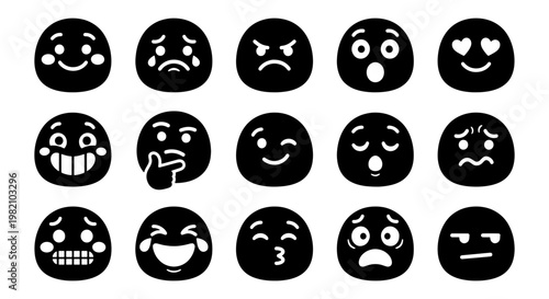Minimalist black emoji icon set, 15 expressive character faces in vector format, modern flat emoticon collection for social media and UI design