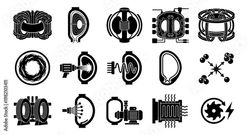 Nuclear fusion energy icons set, 15 tokamak reactor and plasma physics vector symbols, atomic power generation and sustainable technology elements