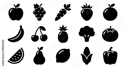 Minimalist fruit and vegetable icons, set of 15 black solid vector silhouettes, organic food symbols for grocery and nutrition apps