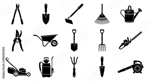 Garden tools icon set, 15 black silhouette gardening equipment vectors, lawn care and landscaping maintenance icons for horticulture and farming