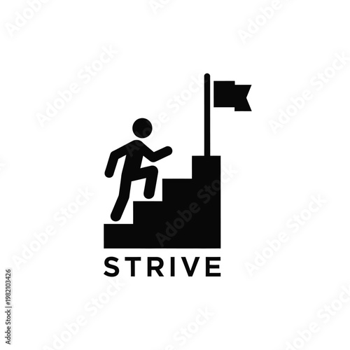 A minimalist black silhouette depicts a person climbing stairs toward a flag accompanied by the word strive high quality professional