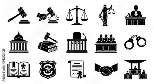 Law and justice icon set, 15 black vector symbols for legal services, courthouse elements including judge gavel and lady justice, professional legal icons