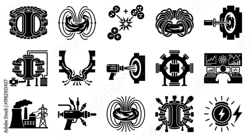 Nuclear fusion energy icons set, 15 black vector symbols for clean power and physics, tokamak reactor and magnetic field plasma illustrations