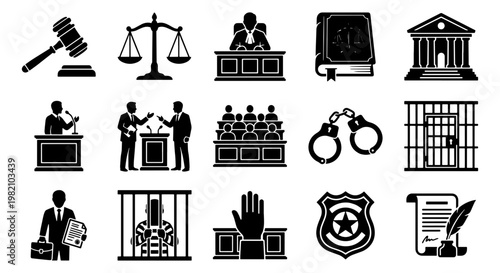 Law and justice icon set, 15 black vector symbols of legal system and courtroom trials, courthouse and criminal punishment elements for legal services