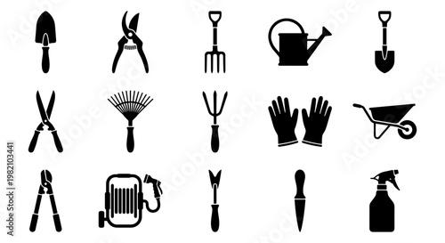 Gardening tools icon set with 15 black silhouettes, garden equipment collection for landscaping, horticulture maintenance vector elements