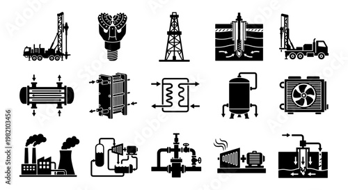 Industrial oil and gas drilling icons, 15 black vector silhouettes of petroleum extraction equipment, energy production and refinery plant symbols