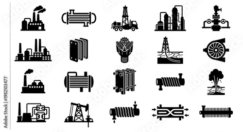 Industrial oil and gas production icons, 20 black vector elements for petroleum engineering, refinery factory and energy manufacturing symbols