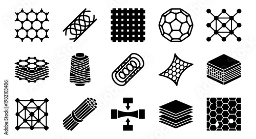 Nanotechnology and advanced materials icons set, 15 carbon fiber and graphene vector symbols, molecular structure and textile engineering graphics