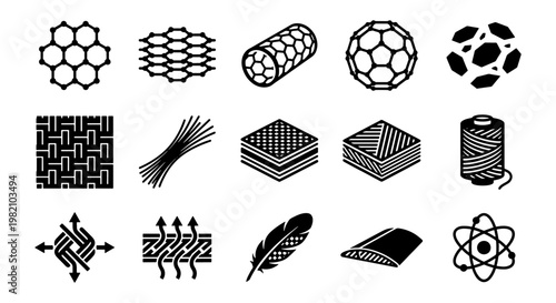 Graphene and carbon fiber material icons, 15 nanotechnology and advanced composite vector elements, molecular structure and textile fiber symbols