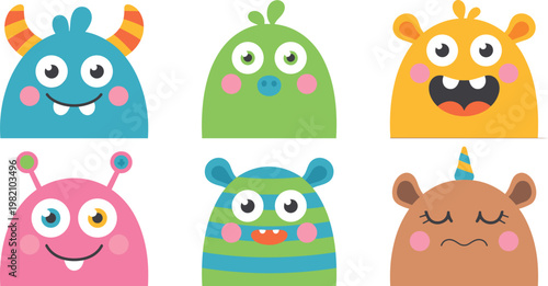 Set of cute colorful monster and alien character heads with various expressions and features for kids design and cartoon avatars flat vector illustration
