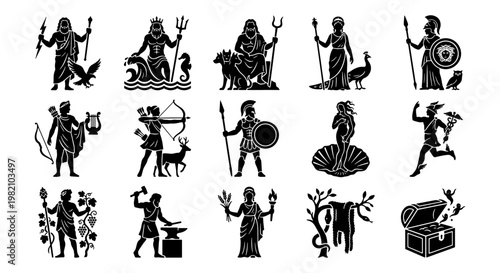 Ancient Greek Mythology Gods and Goddesses Icons, Set of 15 Black Vector Silhouettes, Olympic Deities and Mythological Figures for History Education