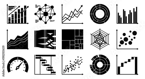 Minimalist business data visualization icons, set of 15 black infographic charts and graphs, professional financial analytics vector elements