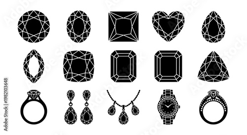 Black diamond gemstone shapes and jewelry icons, set of 15 vector elements, luxury jewelry design symbols with rings and necklaces