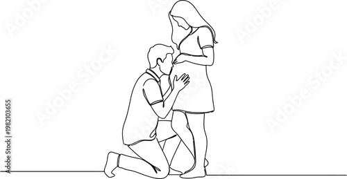 Continuous line drawing, romantic couple, man proposing, woman with long hair, minimalist illustration