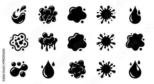Black ink splat collection, 15 liquid splash and drip icons, organic paint blob silhouettes, glossy oil drop and slime splatter vector set