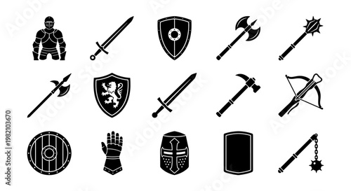 Medieval weapons and armor icons set, 15 black knight equipment silhouettes, ancient warrior combat gear for gaming and historical design