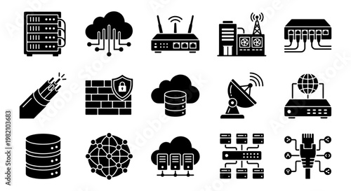 Network infrastructure and data hosting icons, set of 15 black solid vector symbols, cloud computing and server hardware illustrations for IT services