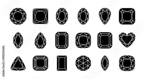 Black diamond gemstone silhouettes, set of 18 jewelry stone cut icons, luxury crystal and precious gem shapes, elegant jewel vector elements