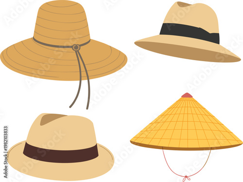 Straw hats collection, summer sun hats set, beach fashion accessories vector illustration