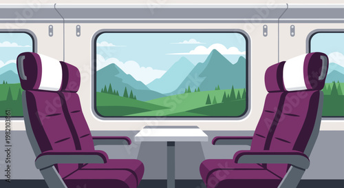 Interior view of an empty modern train car with comfortable purple seats and a table overlooking a scenic mountain landscape.