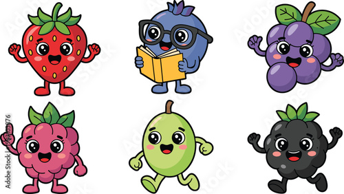 Set of cute berry cartoon characters including strawberry blueberry grapes raspberry and blackberry with funny faces and various poses vector illustration