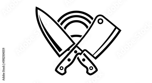 Crossed Chef Knife and Meat Cleaver with Stylized Target, Symbolizing Culinary Arts and Professional Cooking on Isolated White Background