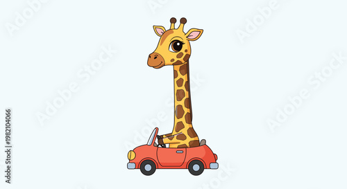 Whimsical cartoon giraffe with long neck driving a small red convertible car with a smiling face on a light blue background.